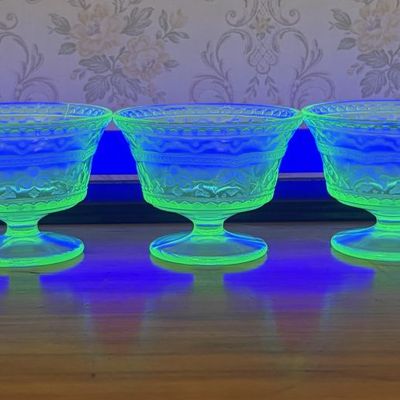 Sale Photo Thumbnail #477: Set of Five Green Uranium Glass Footed Sherbet Dessert Cups
