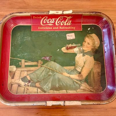 Sale Photo Thumbnail #375: Original 1940 Coca-Cola Fishing Girl Lithographed Tin Serving Tray