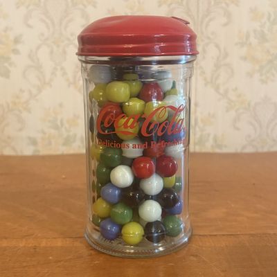 Sale Photo Thumbnail #140: Coca-Cola Glass Marble Dispenser Jar with Assorted Glass Marbles