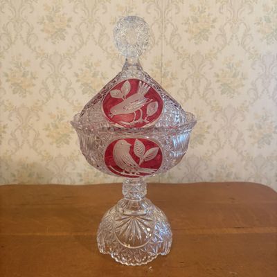 Sale Photo Thumbnail #107: Bohemian Style Cut Crystal Pedestal Compote with Bird Medallions and Domed Lid