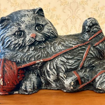 Sale Photo Thumbnail #571: Vintage Cast Plaster Figurine of a Long Haired Cat Playing with a Ball of Yarn