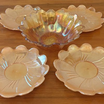 Sale Photo Thumbnail #448: A Five Piece Set of Marigold Carnival Glass Tableware
