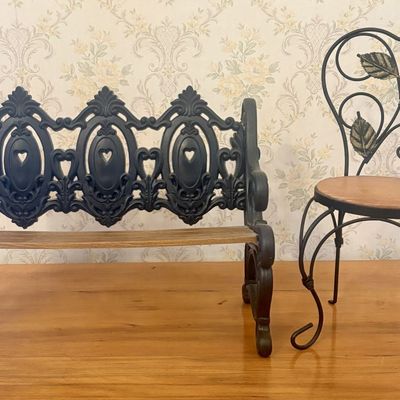 Sale Photo Thumbnail #513: Two American Miniature Garden Bench and Heart-Back Chair Displays