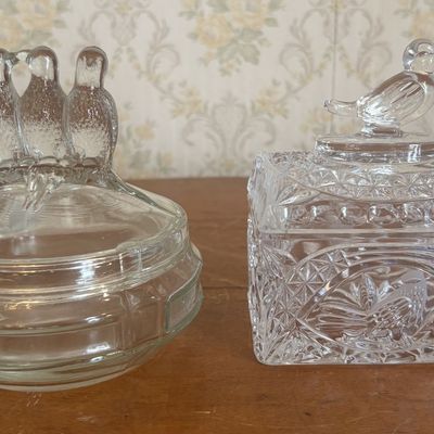 Sale Photo Thumbnail #291: Two Clear Pressed Glass Bird Motif Trinket Boxes