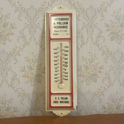 Sale Photo Thumbnail #124: Vintage Whitehouse and Pulliam Insurance Enamel Metal Advertising Thermometer