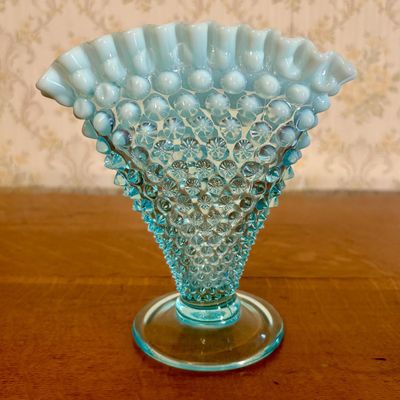 Vintage Blue Opalescent Hobnail Glass Fan Vase