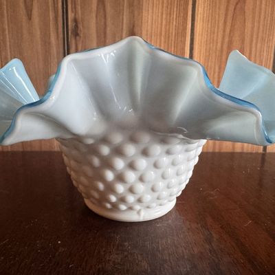 Sale Photo Thumbnail #213: Blue Crested White Milk Glass Hobnail Ruffled Bowl