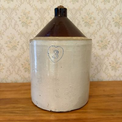 Sale Photo Thumbnail #329: Antique Two-Tone Stoneware 3 Gallon Shoulder Jug with Cobalt Heart Decoration