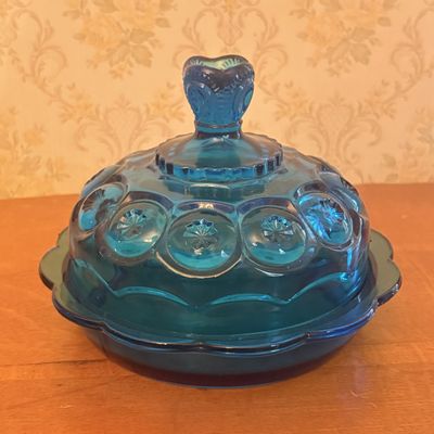 A Blue Moon and Star Pattern Pressed Glass Covered Dish