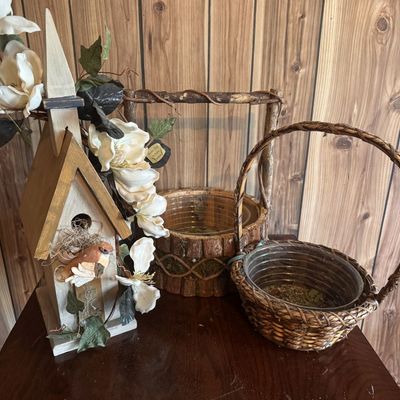Sale Photo Thumbnail #210: A Trio of Rustic Handcrafted Decorative Tabletop Accents Including a Bloomin Things by Sherry Birdhouse