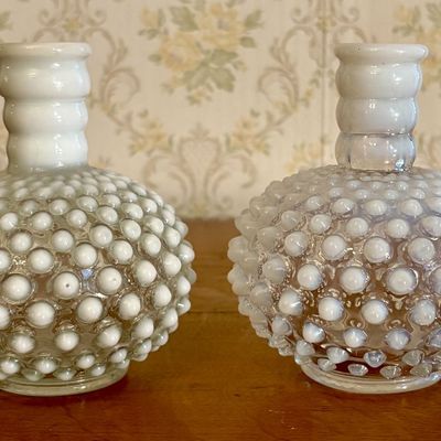 A Pair of White Opalescent Hobnail Glass Perfume Bottles