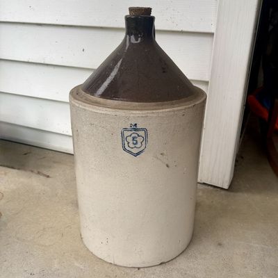 Sale Photo Thumbnail #817: Two-Tone Stoneware 5-Gallon Shoulder Jug with Cobalt Stencil