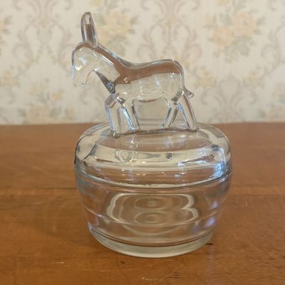 Vintage Pressed Clear Glass Covered Jar with Standing Donkey Finial