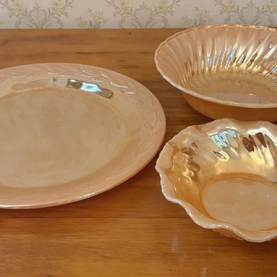 Sale Photo Thumbnail #447: A Trio of Fire-King Peach Lustre Oven Ware Tableware Pieces
