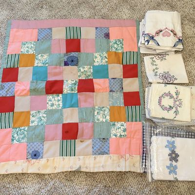 Sale Photo Thumbnail #510: Assortment of Vintage Mid Century Patchwork Baby Quilt and Hand Embroidered Linens
