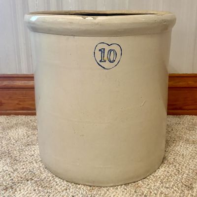 Sale Photo Thumbnail #423: American Red Wing Union Stoneware Co. 10 Gallon Crock with Cobalt Heart Mark