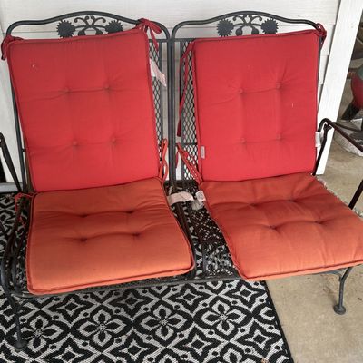 Sale Photo Thumbnail #819: Vintage Wrought Iron and Steel Mesh Two Seat Patio Glider with Sunflower Accents