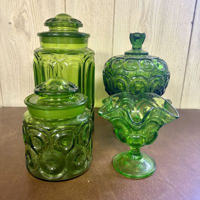 Sale Photo Thumbnail #696: A Collection of Emerald Green Moon and Star Pattern Pressed Glass Tableware