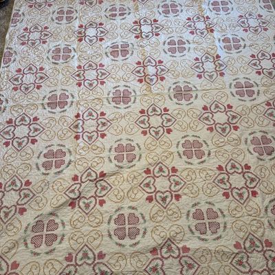Sale Photo Thumbnail #240: Large Hand Embroidered and Hand Quilted Cotton Coverlet with Cross Stitch Heart and Scroll Motifs