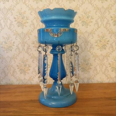Sale Photo Thumbnail #318: Victorian Turquoise Blue Opaline Glass Mantle Luster with Cut Prisms