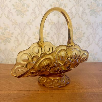 Pressed Amber Glass Footed Basket in Moon and Star Pattern