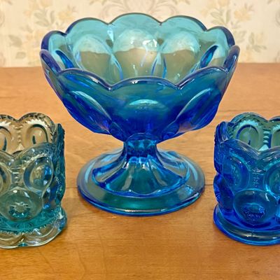 Three Blue Moon and Star Pattern Pressed Glass Tabletop Items