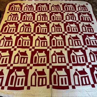 Sale Photo Thumbnail #248: Handmade Cotton Patchwork Schoolhouse Quilt in Red and White