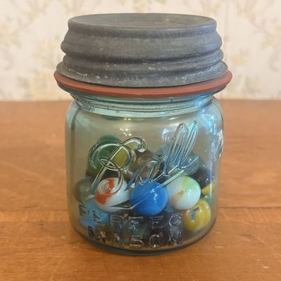 Sale Photo Thumbnail #143: A Ball Perfect Mason Jar and a Collection of Glass Marbles