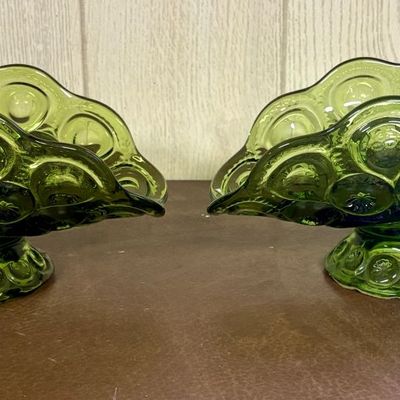 Sale Photo Thumbnail #682: A Pair of Olive Green Pressed Glass Moon and Star Pattern Footed Banana Bowls