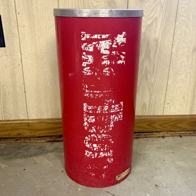 Sale Photo Thumbnail #734: Vintage Red Cylindrical Floor Ashtray with Removable Metal Insert