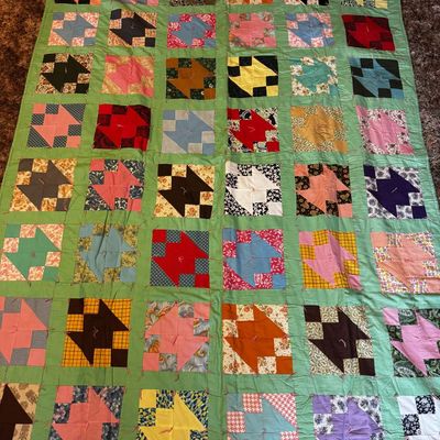 Sale Photo Thumbnail #235: Hand Tied Patchwork Scrap Quilt in Basket Pattern Variation