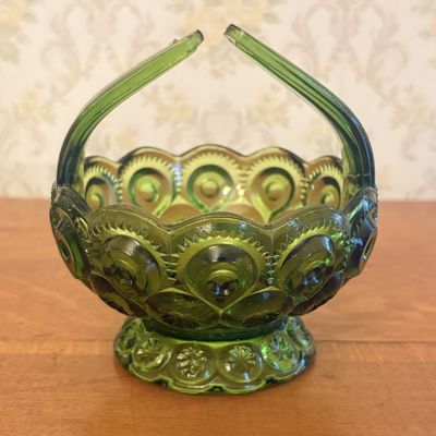 Avocado Green Moon and Star Pattern Pressed Glass Split Handle Basket