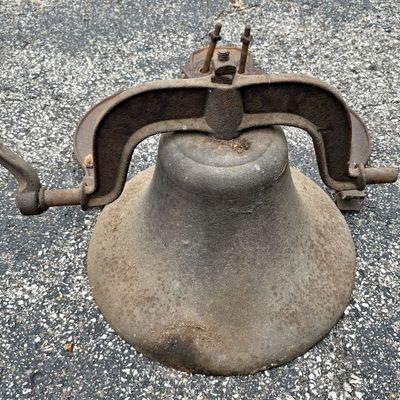 Sale Photo Thumbnail #802: Antique Hart Hardware Company Cast Iron Farm Bell with Mounting Cradle