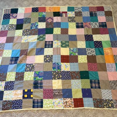Sale Photo Thumbnail #504: Large Mid-Century Patchwork Hand Tied Scrap Quilt