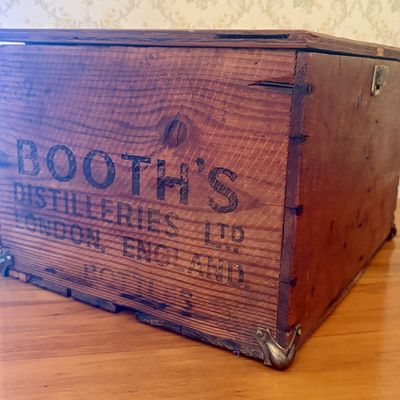 Sale Photo Thumbnail #322: Vintage Booths Distilleries Ltd London Wooden Storage Box with Hinged Lid