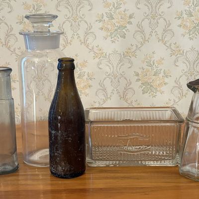 Sale Photo Thumbnail #537: An Assortment of Vintage and Antique Glassware Including Apothecary Jar and Labeled Salt Box