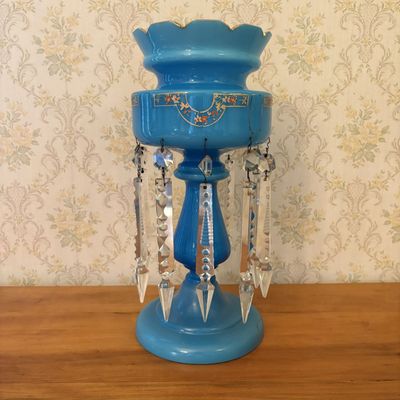 Sale Photo Thumbnail #319: Single Victorian Opaque Turquoise Blue Glass Mantel Luster with Crystal Prisms