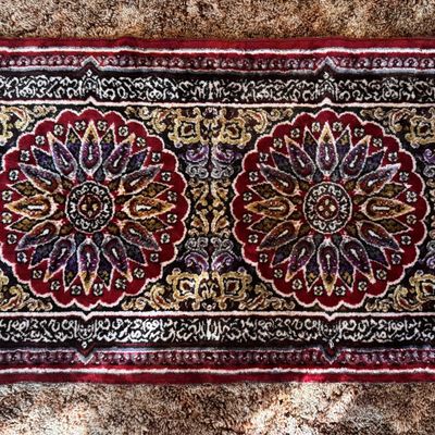 Sale Photo Thumbnail #201: Machine Woven Synthetic Accent Rug with Medallion Pattern and Pseudo Calligraphic Borders