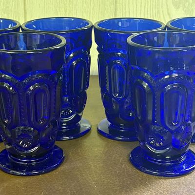 Sale Photo Thumbnail #703: Set of Six Cobalt Blue Pressed Glass Footed Tumblers in Moon and Star Pattern