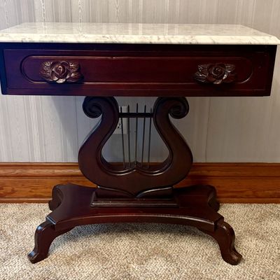 Sale Photo Thumbnail #401: American Empire Style Lyre Base Marble Top Side Table
