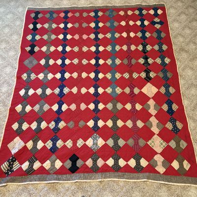 Sale Photo Thumbnail #503: Antique American Hand Stitched Cotton Bow Tie Patchwork Quilt
