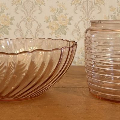 Two Pieces of Pink Ribbed and Swirl Pattern Glassware