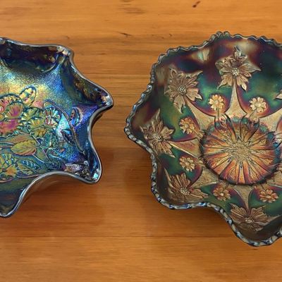 Sale Photo Thumbnail #582: Two American Iridescent Carnival Glass Ruffled Floral Bowls
