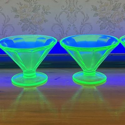 Sale Photo Thumbnail #476: A Set of Four Federal Glass Company Green Uranium Glass Footed Sherbet Dishes