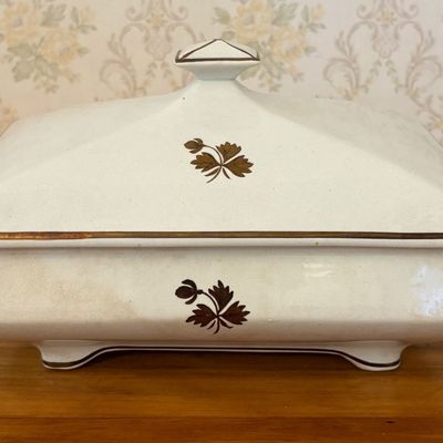 Sale Photo Thumbnail #600: Anthony Shaw and Son Opaque Stone China Tea Leaf Pattern Rectangular Covered Vegetable Tureen