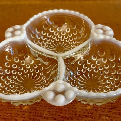 Opalescent Hobnail Glass Three Section Divided Relish Dish