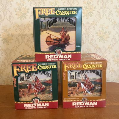 Sale Photo Thumbnail #265: Three 1991 Red Man Limited Edition The Flavor of America Tobacco Canisters in Original Boxes