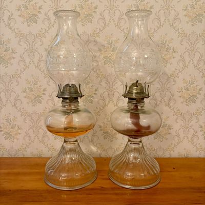 Sale Photo Thumbnail #325: A Pair of Clear Glass Oil Lamps with Home Sweet Home Etched Chimneys