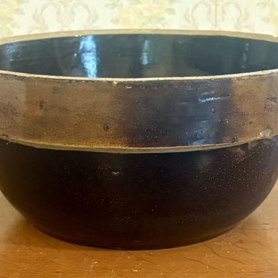 Sale Photo Thumbnail #130: Large Antique Two Tone Brown Stoneware Heavy Rim Mixing Bowl
