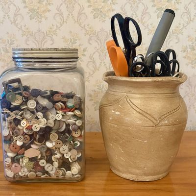 Sale Photo Thumbnail #532: Two Large Vintage Storage Containers with Collection of Buttons and Assorted Scissors